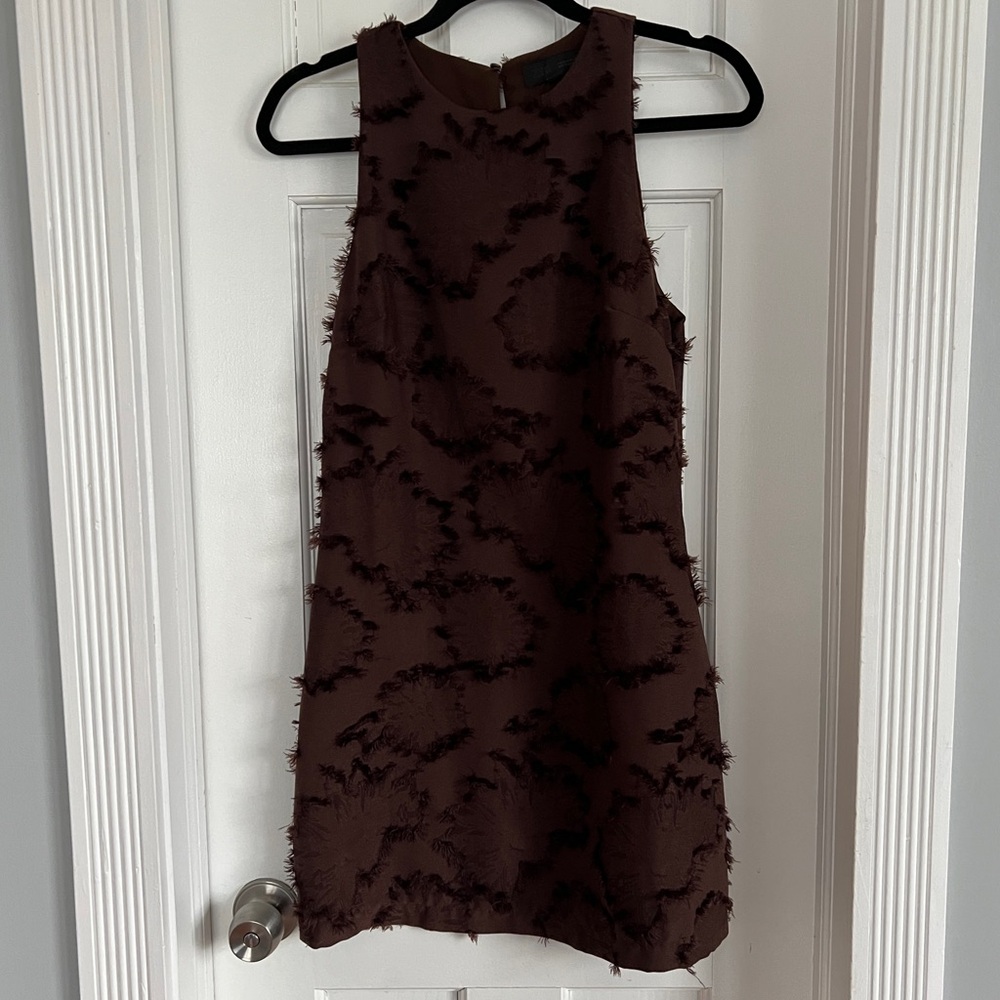 Zara Brown Frayed-Texture Sleeveless Mini Dress